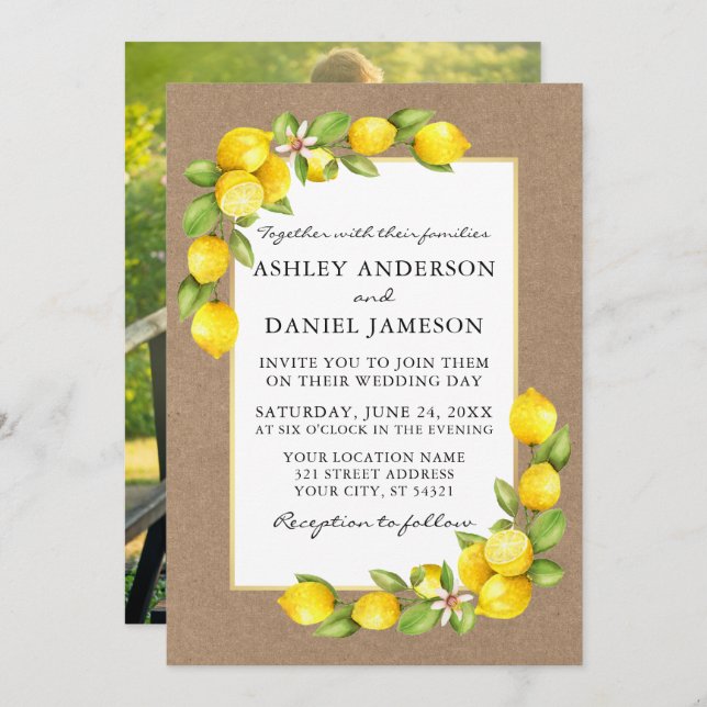 Watercolor Lemons Greenery Photo Kraft Wedding Invitation (Front/Back)