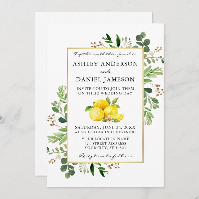 Watercolor Lemons Greenery Photo Wedding Invitation (Front/Back)