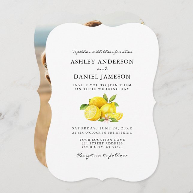 Watercolor Lemons Greenery Photo Wedding Invitation (Front/Back)
