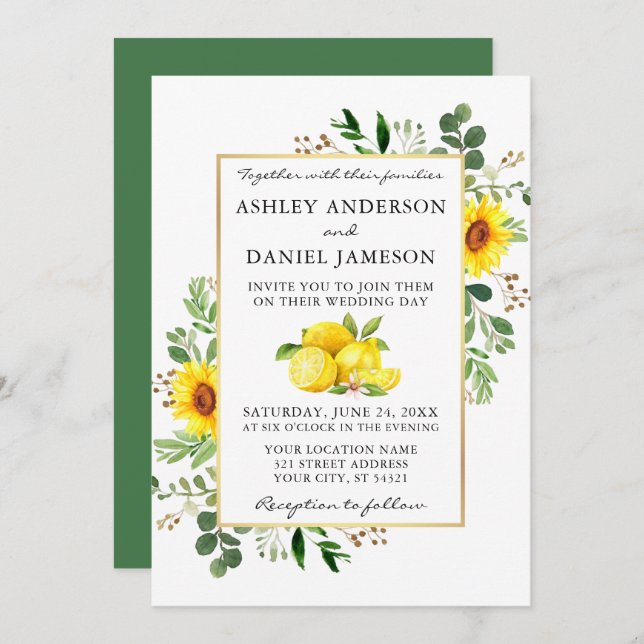 Watercolor Lemons Greenery Sunflowers Wedding Invitation (Front/Back)