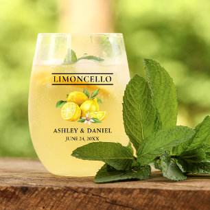 Watercolor Lemons Greenery Wedding Limoncello Stemless Wine Glass