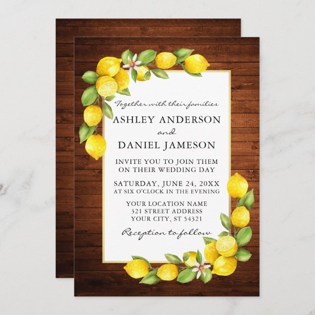 Watercolor Lemons Greenery Wood Wedding Invitation (Front/Back)