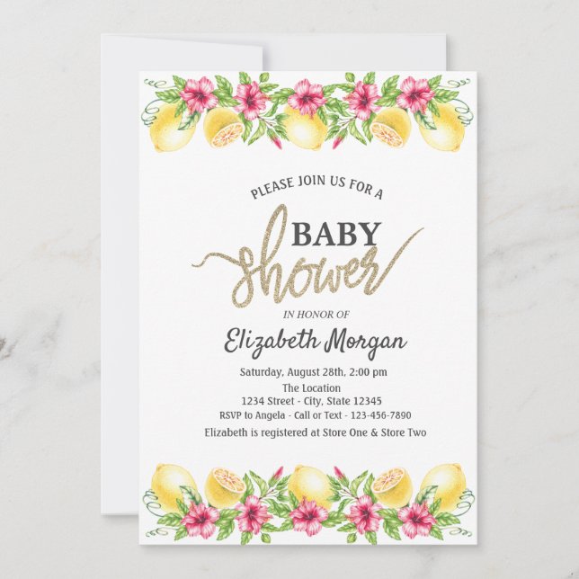  Watercolor Lemons Hibiscus Botanical Baby Shower Invitation (Front)