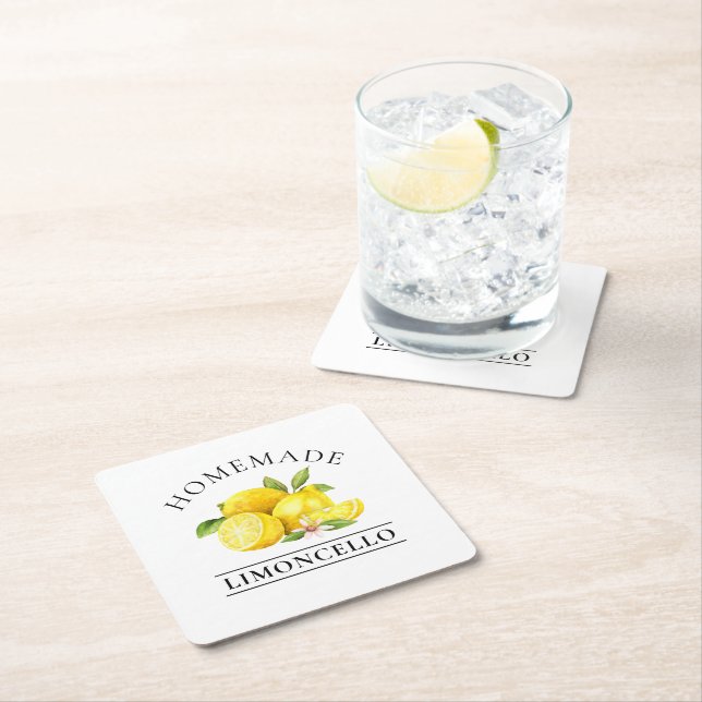Watercolor Lemons Homemade Limoncello Square Paper Coaster (Insitu)