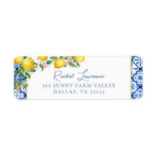 Watercolor Lemons Italian Blue Tile Return Address Label