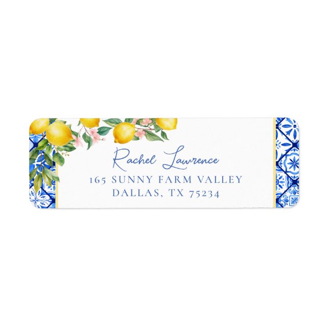 Watercolor Lemons Italian Blue Tile Return Address Label (Front)