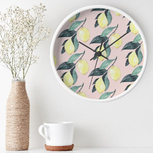 Watercolor Lemons & Leaves Yellow Seamless Pattern Round Clock