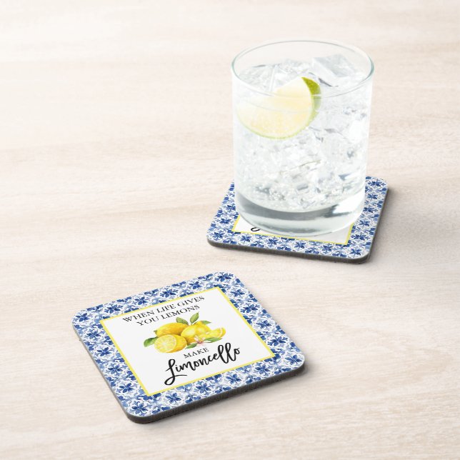 Watercolor Lemons Limoncello Blue Tile Coaster (Right Side)