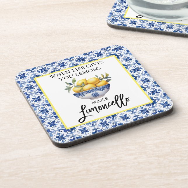 Watercolor Lemons Limoncello Blue Tiles Coaster (Left Side)