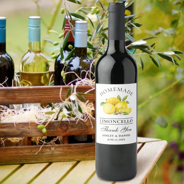 Watercolor Lemons Limoncello Thanks Bottle Labels (Customize to change text size, color or text style.)