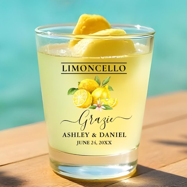 Watercolor Lemons Limoncello Wedding Grazie Shot Glass (Customize to change text size or text style.)