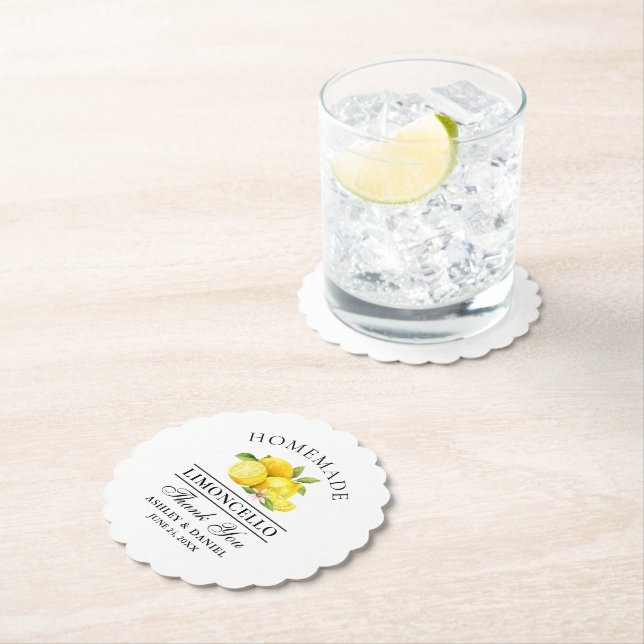 Watercolor Lemons Limoncello Wedding Paper Coaster (Insitu)
