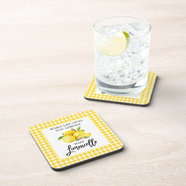 Watercolor Lemons Limoncello Yellow Gingham Coaster (Right Side)