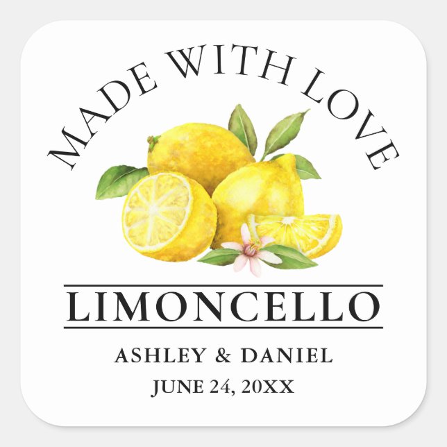 Watercolor Lemons Love Wedding Limoncello Square Sticker (Front)