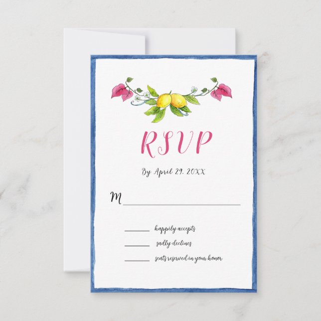 Watercolor Lemons Mediterranean wedding RSVP Card (Front)