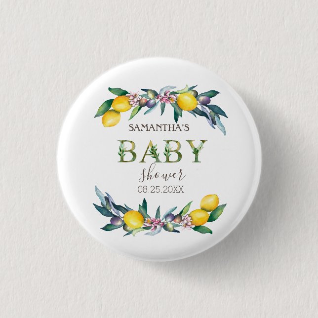 Watercolor Lemons Olives Baby Shower   3 Cm Round Badge (Front)