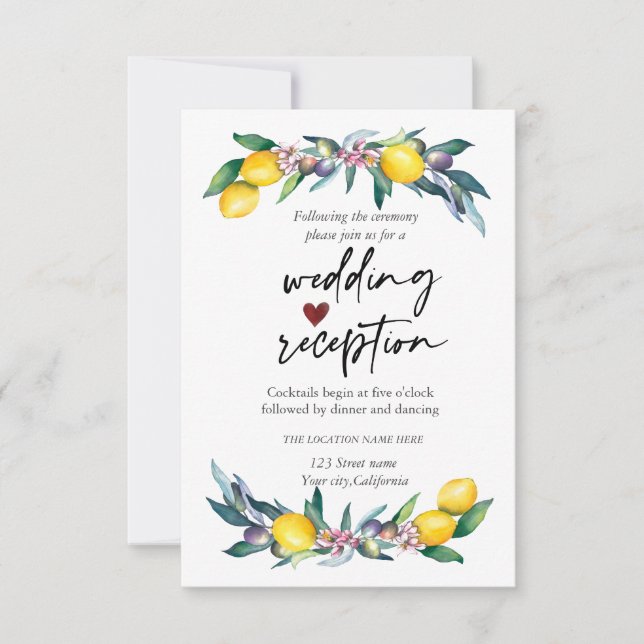 Watercolor Lemons Olives Reception Invitation (Front)