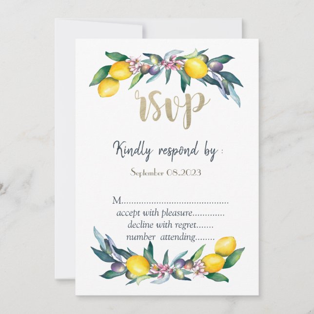 Watercolor Lemons Olives RSVP  Invitation (Front)