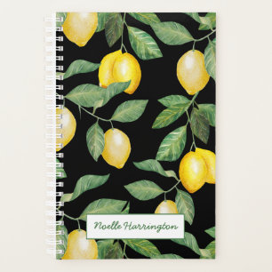 Watercolor Lemons on Aqua Black Day Planner
