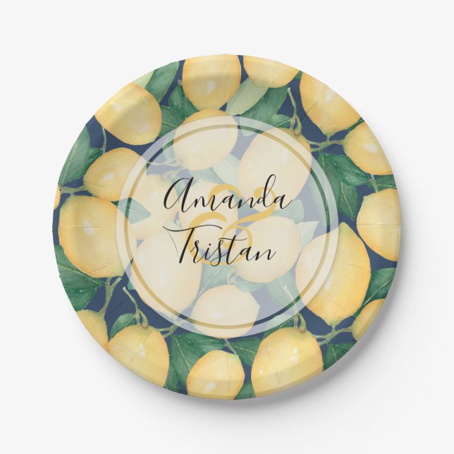 Watercolor Lemons on Navy Blue Personalised Paper Plate (Front)