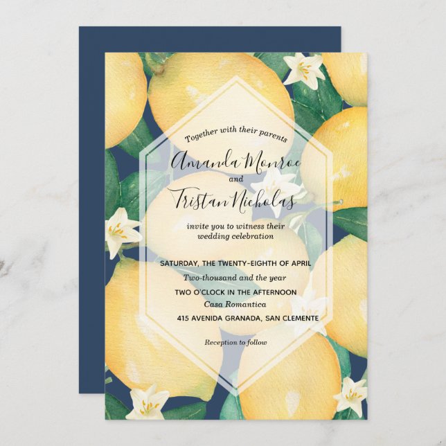 Watercolor Lemons on Navy Blue Wedding Invitations (Front/Back)