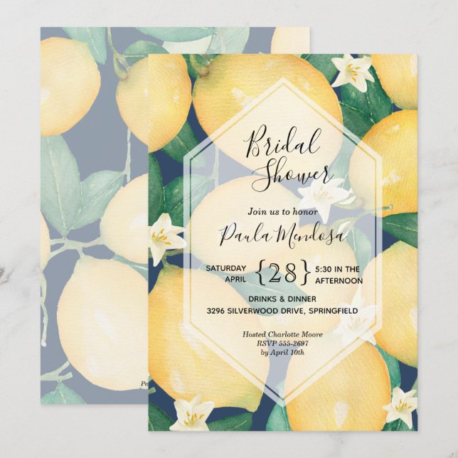 Watercolor Lemons on Navy Bridal Shower Invitation (Front/Back)