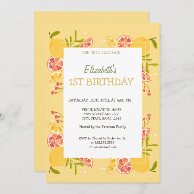 Watercolor Lemons Orange Birthday  Invitation (Front/Back)
