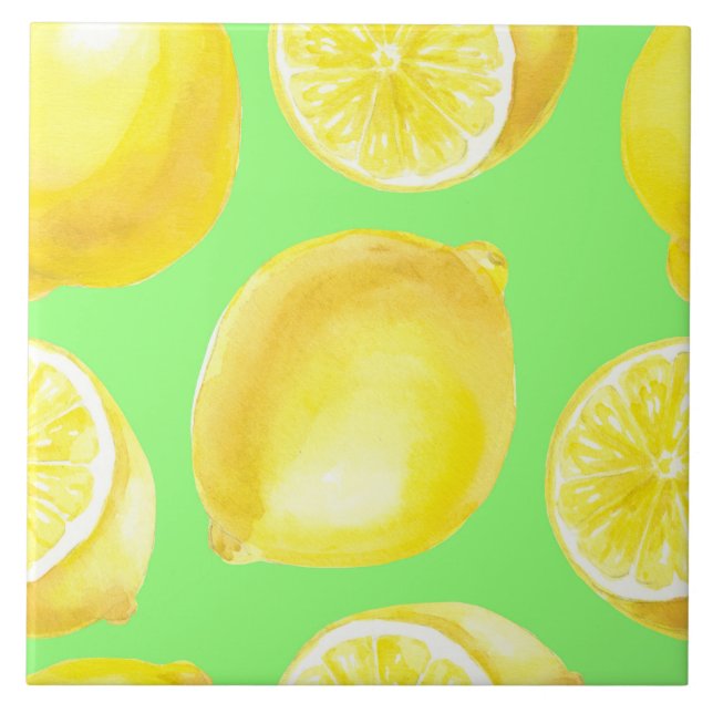Watercolor lemons pattern ceramic tile (Front)