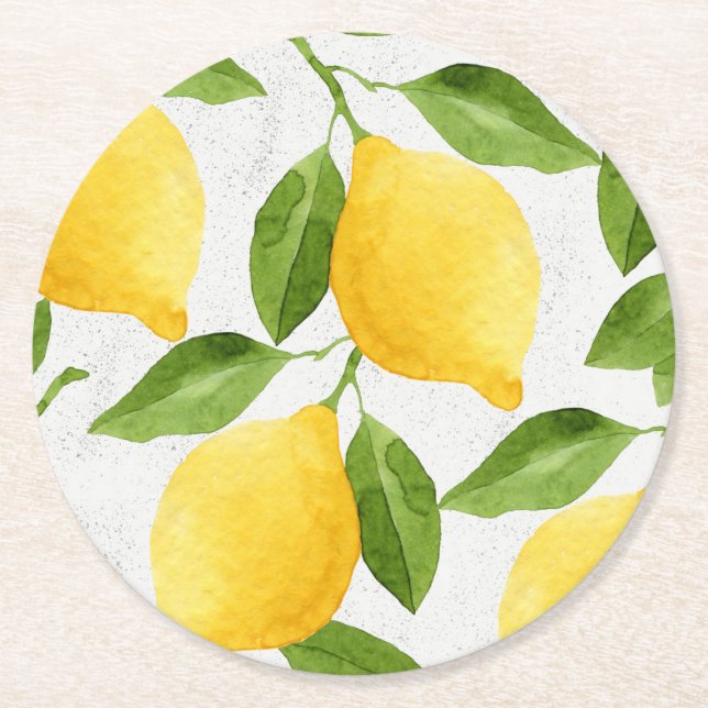 Watercolor lemons pattern round paper coaster (Front)