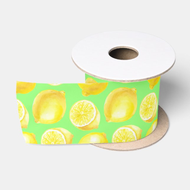 Watercolor lemons pattern satin ribbon (Spool)