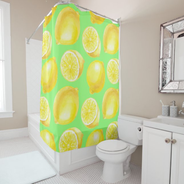 Watercolor lemons pattern shower curtain (In Situ)
