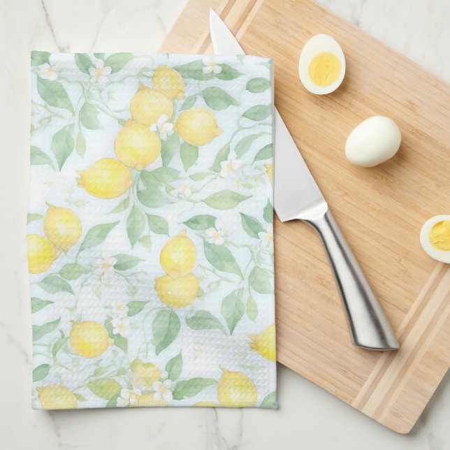 Watercolor Lemons Pattern Soft Pastel Lemon Tea Towel (Quarter Fold)
