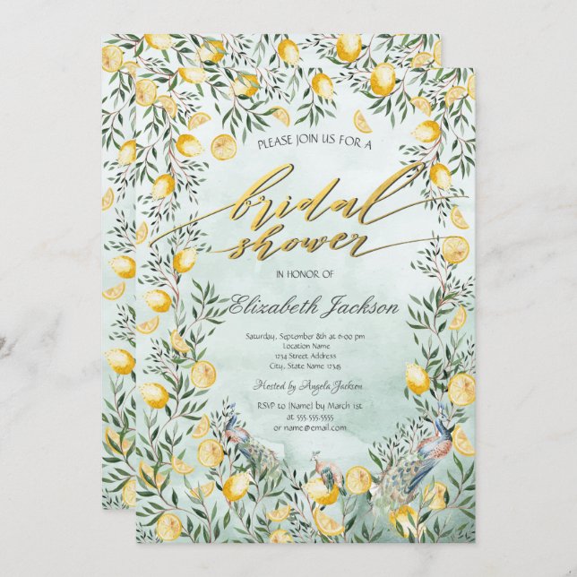Watercolor Lemons Peacocks  Green Bridal Shower  Invitation (Front/Back)