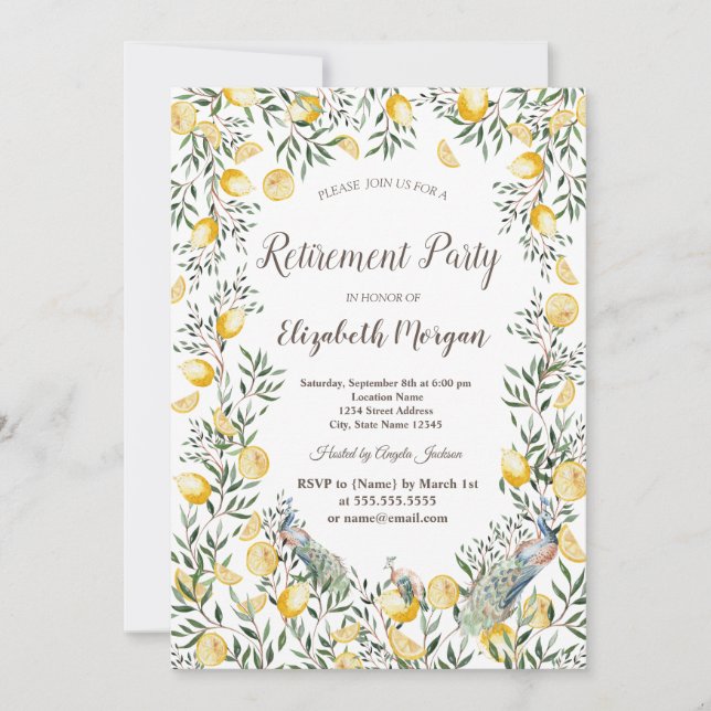 Watercolor Lemons Peacocks  Invitation (Front)