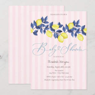  Watercolor Lemons Pink Striped Baby Shower Invitation