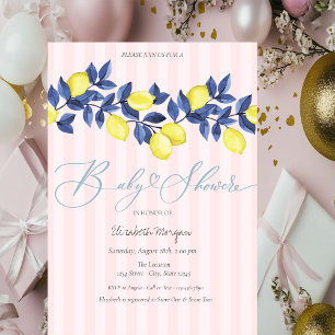  Watercolor Lemons Pink Striped Baby Shower Invitation