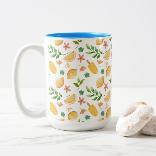 Watercolor Lemons & Popsicles Two-Tone Coffee Mug  (With Donut)
