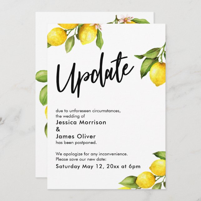 Watercolor Lemons Postponed Wedding Update Card (Front/Back)