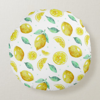 Watercolor lemons round cushion