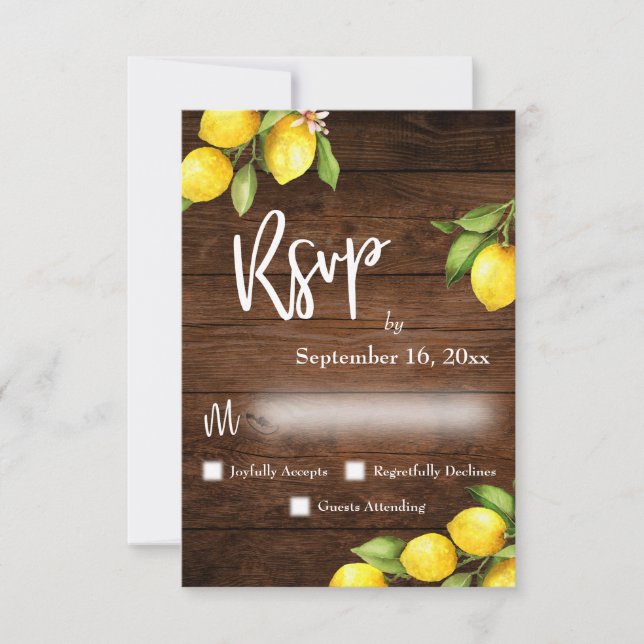Watercolor Lemons RSVP Typography Rustic Wood Card (Front)