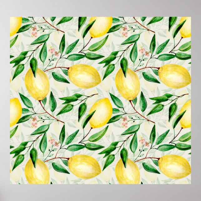 Watercolor lemons, seamless fruit pattern. poster (Front)