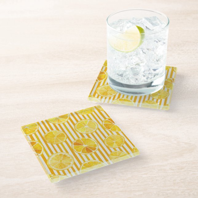 Watercolor Lemons & Stripes Glass Coaster (Angled)