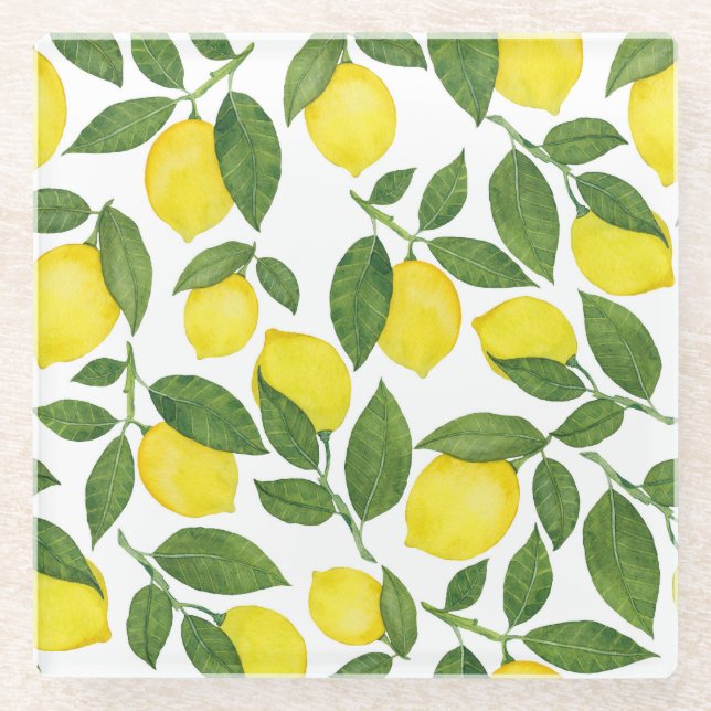 Watercolor Lemons: Summer Fruit Pattern Glass Coaster (Front)