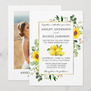 Watercolor Lemons Sunflowers Photo Wedding Invitation