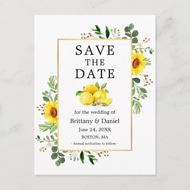 Watercolor Lemons Sunflowers Save The Date Postcard (Front)