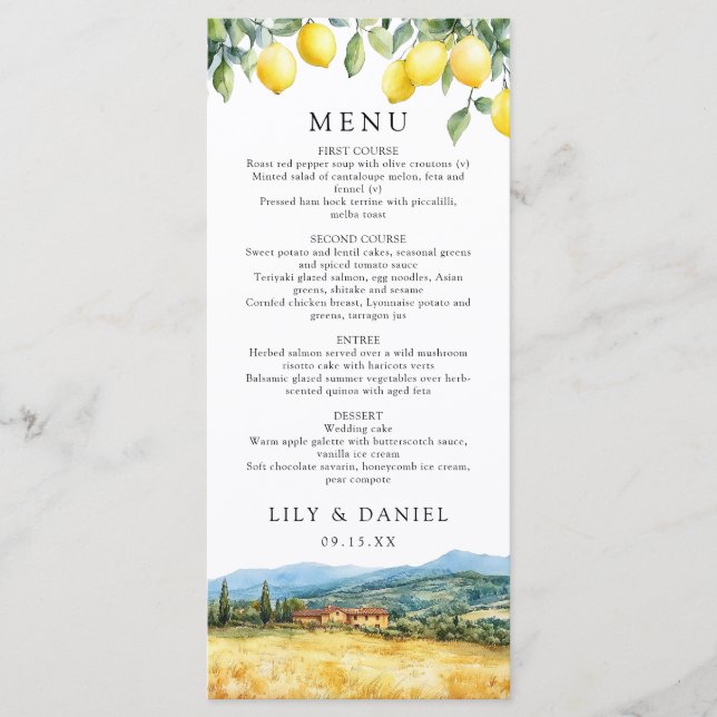 Watercolor Lemons Tuscany Italy Wedding Menu (Front)