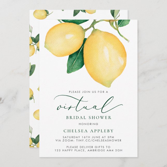 Watercolor Lemons Virtual Bridal Shower Invitation (Front/Back)