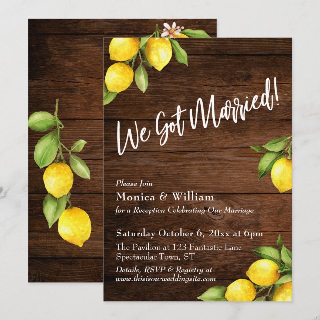 Watercolor Lemons We Got Married on Rustic Wood Invitation (Front/Back)