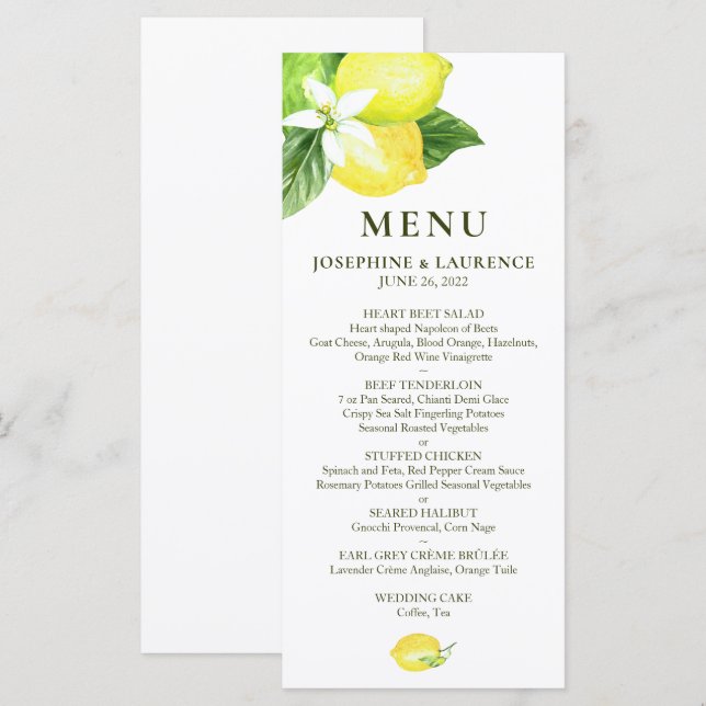 Watercolor Lemons  Wedding Menu (Front/Back)