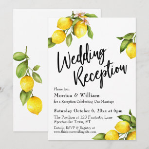 Watercolor Lemons Wedding Reception Typography Invitation